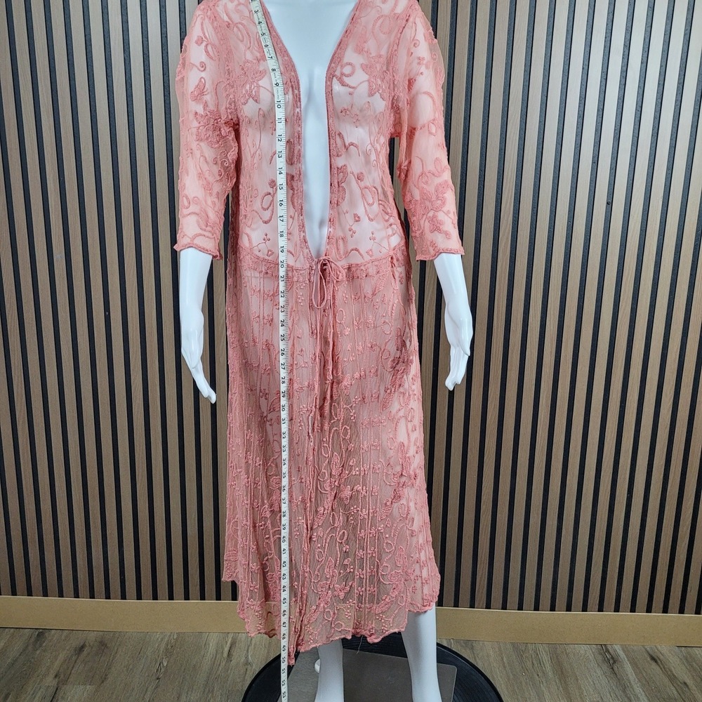 Indigo Poppy Duster Cardigan Floral Embroidered Sheer Mesh Coral L/XL - Picture 3 of 10